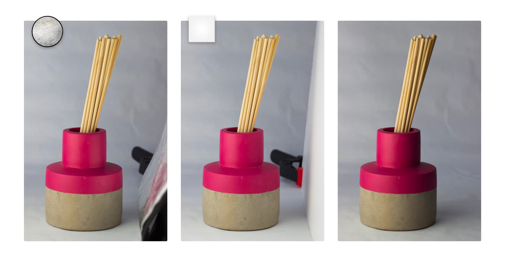 Example of a product photography lit with reflector, foam core, and nothing.