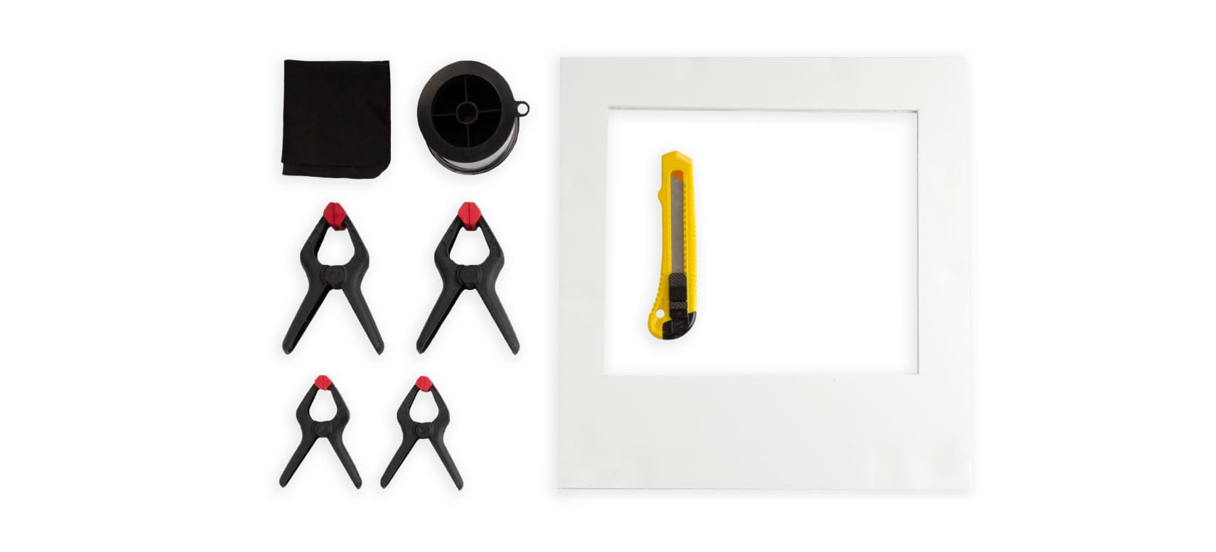 white foam core, a microfiber cloth, fishing wire, and clamps