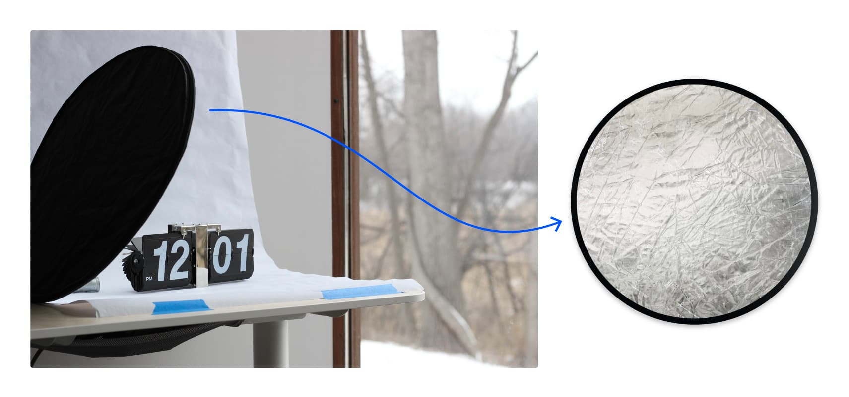 Our photo setup with a tripod, and a propped up reflector