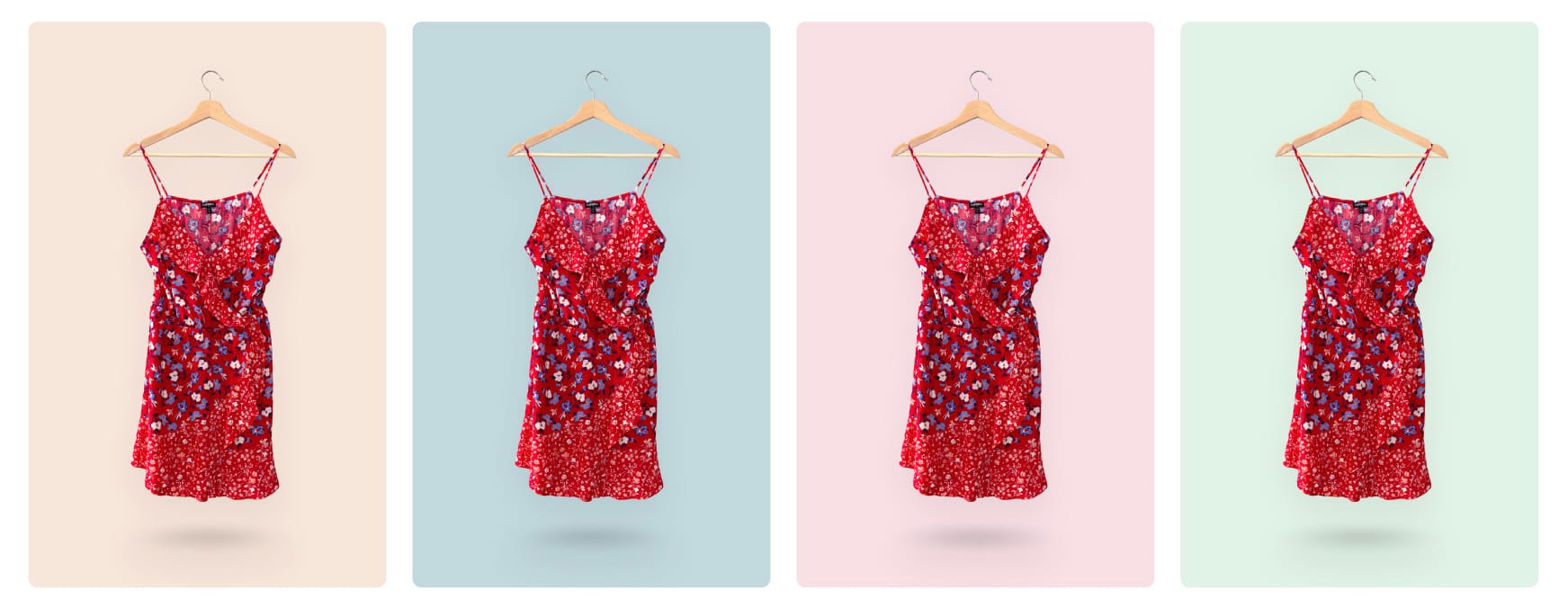 example of a dress product photo with different pastel backgrounds